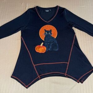 Women’s Onque‎ Casual Black Cat Halloween Top XL